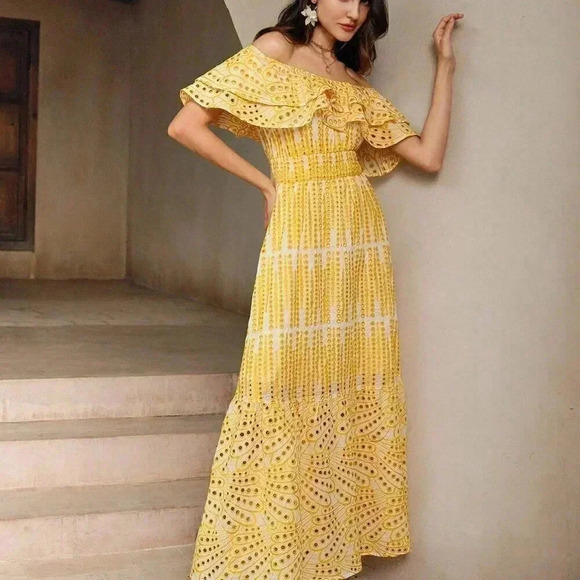 Yellow Party Women's Light Hollow Out Romantic Strapless Dress - Picture 7 of 7